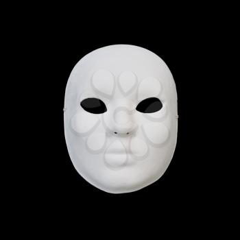 White mask with blank expression on black background.