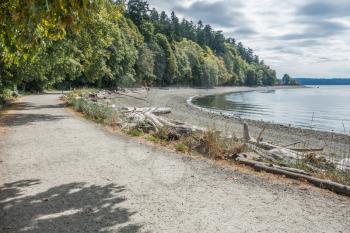 A view of the shoreline in West Seattle, Washington near Lincoln Park.