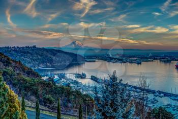 Aview of Mount Rainier and the Port of Tacoma. HDR image.