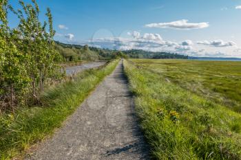 A walking path goes through mud flats grassy fields and wetlands at The Theler Wetlands in Belfair, Washington.