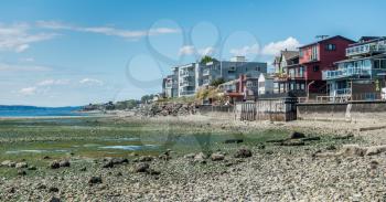 A view of the West Seattle shoreline with waterfront homes at low tide.