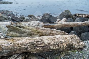Closeup shot of driftwood logs and shoreline rocks on the Pacific Northwest.