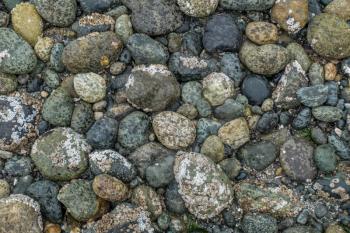 The tide is out in West Seattle, Washingon. Multi-colored seabed rocks are revealed as it begins to rain.