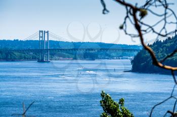 A view of the Narrows Bridge in Tacoma, Washington.