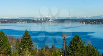 A view of the skyline of Bellevue, Washington across Lake Washington.