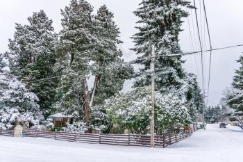 Snow coveres a neighborhood in Burien, Washington.