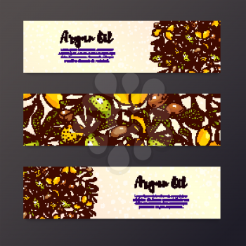 Argan banner in eco-style in natural colors. Argan flyer design layouts. Leaflet for cosmetics, medicine, ecology, bio products.