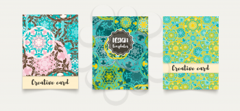 Set ethnic cards, invitations, flyers, banners a4. Decorated with ornaments from flower mandalas. In Islamic, Ottoman, Moroccan, Indian style. Vintage vector designs
