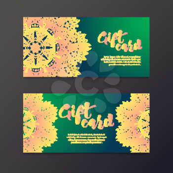 Rich gold gift certificates in the Indian style. Bohemian Cards with mandalas. Blue and gold. Unique cards for printing supplies for yoga studio
