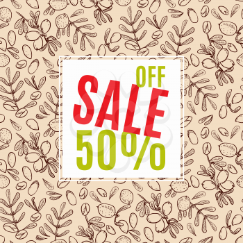Banners sale in eco-style in natural colors. Background pattern with argan tree in the style of hand-drawing