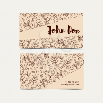 Business cards in eco style in natural colors. Background pattern with argan tree. Hand drawn