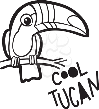 Coloring book for adults. Bird Toucan, in cartoon style. The phrase cool toucan. Suitable for print on t-shirt, poster jungle postcard for children