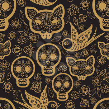 Gold seamless pattern Day of the Dead, a traditional holiday in Mexico. Skulls.