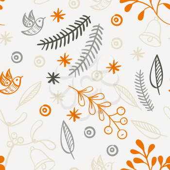 Retro hand drawn winter holidays seamless patterns with Mistletoe, bells, Christmas trees, birds, snowflakes