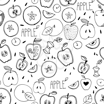 Freehand drawing. Seamless pattern. Sketch of an apple, leaf, apple seeds,  apple and a cut apple. drawn by hand. Custard apple. Incision cream apple.