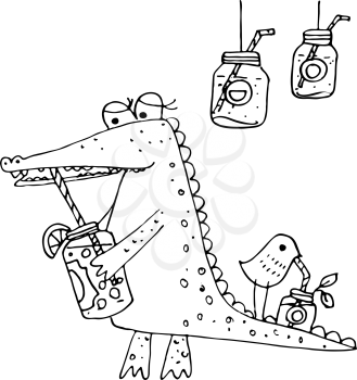 Cartoon crocodile and bird drinking berry smoothies, detox. Leading a healthy lifestyle. In the style of doodle.