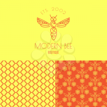 Logo with insect. Badge Bee for corporate identity, packaging luxury brand, eco-cosmetic, soap, medical product and honey. Trend style thin line. Texture for wrapping, textiles, surface design