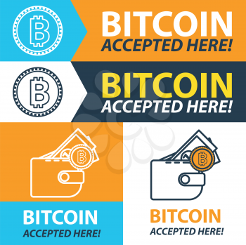Bitcoin accepted here sticker. Set banners. Vector coin flat design. Advertising template for your website.