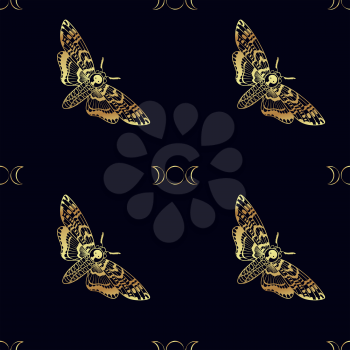 Butterfly Deaths head hawk moth. The symbol of the triple goddess. Vintage seamless pattern. For prints, T-shirts, bags, cards, textile, fashion, scrapbook paper. Vector