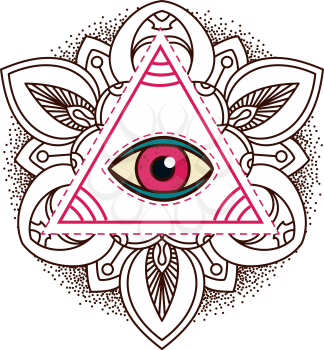 
All-seeing eye pyramid symbol. Old school tattoo. Mystic sign of alchemy, of Providence, the occult, magic, Freemasonry and the Illuminati. Conspiracy theory. Vector illustration.