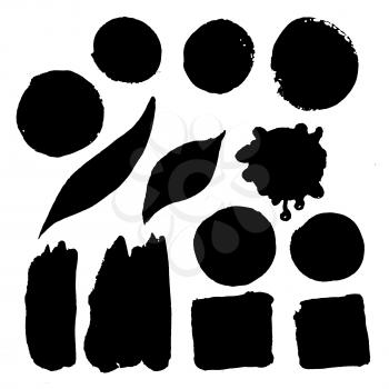 Set of watercolor spots in black. Ink banners, suitable for stickers, labels, badges, advertising, logo, frames with text and boxes. Dirty Textures painted with hands, brush strokes. Isolated.