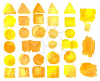 Set of watercolor stains of solar color. Yellow swabs are suitable for advertising banners, advertisements, logos for meditation, backgrounds for postcards posters coupons, certificates and renditions