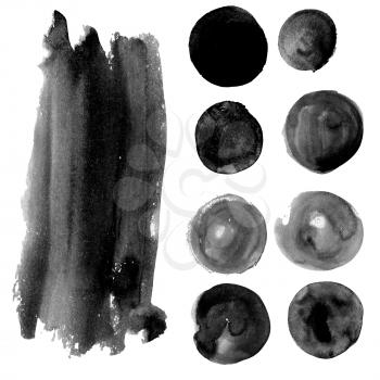 Set of watercolor spots in grimy grey Ink banners, suitable for stickers, labels, badges, advertising, ads, logo, frames with text and boxes. Dirty Textures painted with hands, brush strokes. Isolated