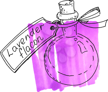 A bottle of lavender oil and a label. Sketch, Doodle and watercolor stain.