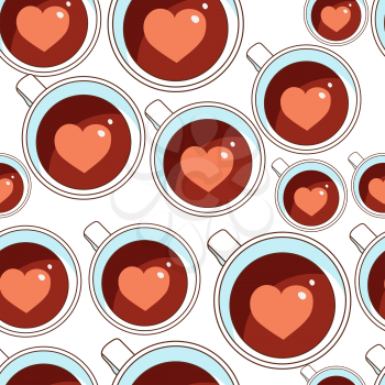 Cups with tea, coffee and heart inside. Seamless pattern.