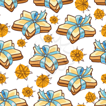 Seamless pattern with cookies in the form of stars, blue ribbons and Dittany style doodle, sketch graphs