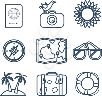 Icons on the theme of travel, summer in the flat line style