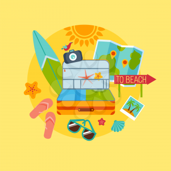 Set of vector flat design concept illustrations with icons of travel and vacation on a beach
