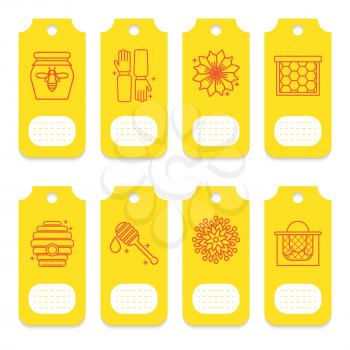 Set of tags for beekeeping, honey, apiary. 8 yellow cards for decoration of packaging of cometics, soap, honey products, pollen, propolis