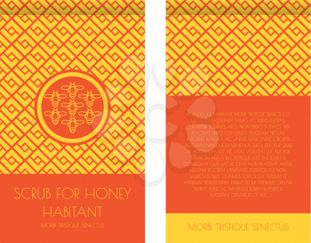 Zip package vector template for honey scrub. Luxurious design with Orange and yellow. Label with the logo of a flying bee. For eco products of beekeeping, cosmetics, medicine. In a linear style.
