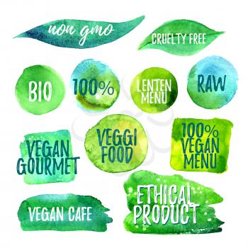 Veggi food green label of lenten menu, natural, cluelty free, gluten free, raw, eco. Badges for vegan restaurant, cafe menu, product packaging. Hand drawn vector templates.
