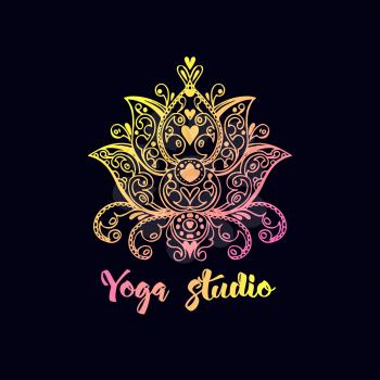 Logo template with lotus flower. For a yoga studio. For the beauty salon, manicurists, spa,
Packaging of handmade cosmetics, soaps, incense, aromatic oils. Emblem of harmony, prosperity
