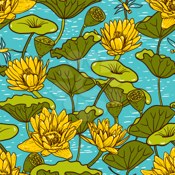 Elegant Seamless floral pattern with Yellow Water Lilies Nymphaea and Dragonflies , botanical illustration. Pond with lotus. Design for textiles, fabrics, paper, wallpaper. Vector