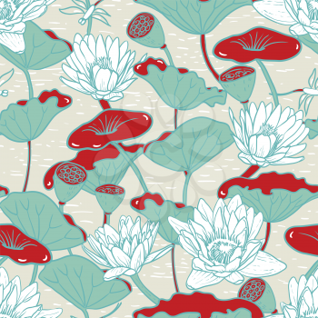 Elegant Seamless floral pattern with Water Lilies Nymphaea and Dragonflies , botanical illustration. Pond with lotus. Design for textiles, fabrics, paper, wallpaper. Vector