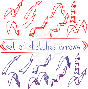 Red and blue pen sketch arrow collection for your design. Hand drawn with ink. Vector illustration.
