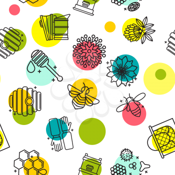 Honey seamless pattern with cute flying bees, hexagon comb, flowers, beehive. Texture background for wallpaper, Honey textile, food packaging, fabric template. Vector.