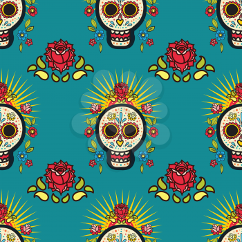 Mexican seamless pattern. Bright Ornament with sugar skulls. For the Day of the Dead and holiday 5 may Cinco de Mayo. National patterns are suitable for textiles, postcards, pillows