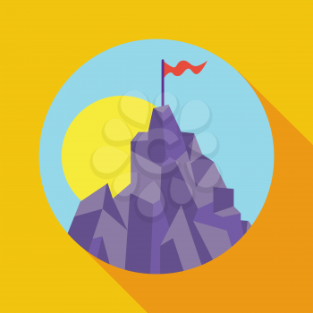 Vector illustration, concept of success and achievement. Victory, achievement of objectives, results, strategy. Top of the mountain with a red flag and the sun. Sleek style.