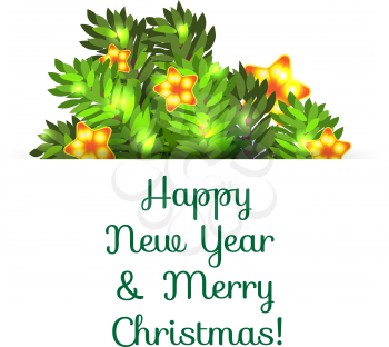 Christmas fir twigs with stars on white background. Greeting postcard with Christmas and New Year.