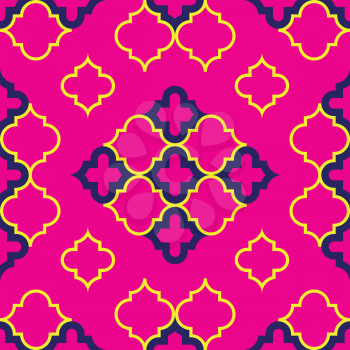 Moroccan Quatrefoil Seamless Pattern In Fuchsia And Gold. Mosaic Motif Ogee For Ethnic Background. Suitable For Decorating Baby Shower Card, Wedding, Surface Design, Fabrics, Textiles Wrapping Paper