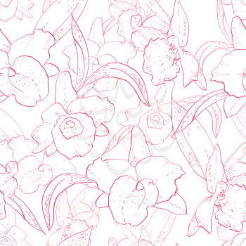 Seamless retro pattern with orchid, hand drawn illustration of a new shabby chic embroidery motif with flowers