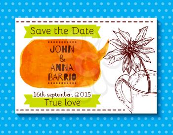 Wedding invitation, save the date cards with a sketch flower Jerusalem artichoke and orange watercolor speaking bubble.