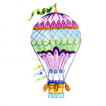 Air balloon and a garland of flags, painted in watercolor. Aerostat Isolated on white background. Suitable for postcards, congratulations on birthdays, prints on pillows, T-shirts, bags