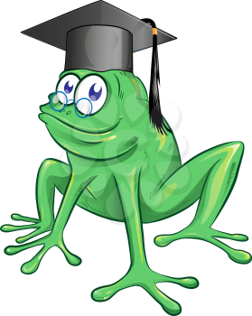 illustration of a happy smiling frog wearing a black graduate mortarboard cap with a tassel isolated on white