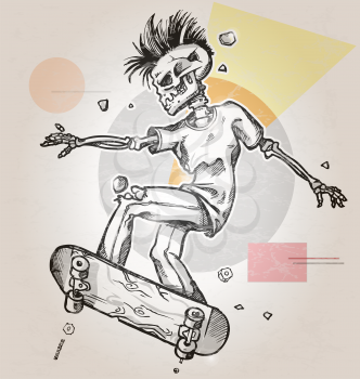 skeleton skater  on abstract retro background
