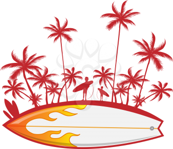 surfboard with palm tree isoalted on white. vector illustration